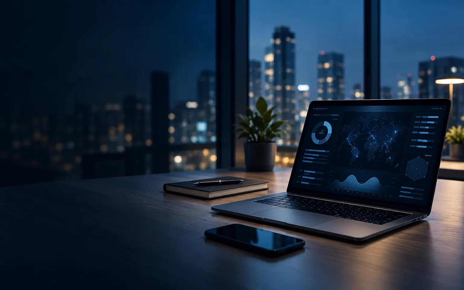 Professional workspace with a laptop displaying an abstract digital risk analysis dashboard